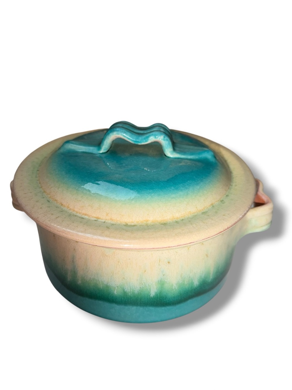 Handmade Vintage Turquoise Drip Glaze Earthenware Casserole Dish & Lid Pottery